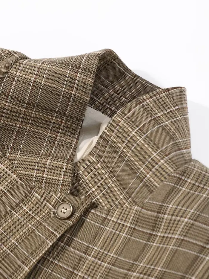 Nouveau Blazer Vintage à Carreaux pour Femme, Col Montant, Un Bouton, Poches, Veste de Costume Fémin