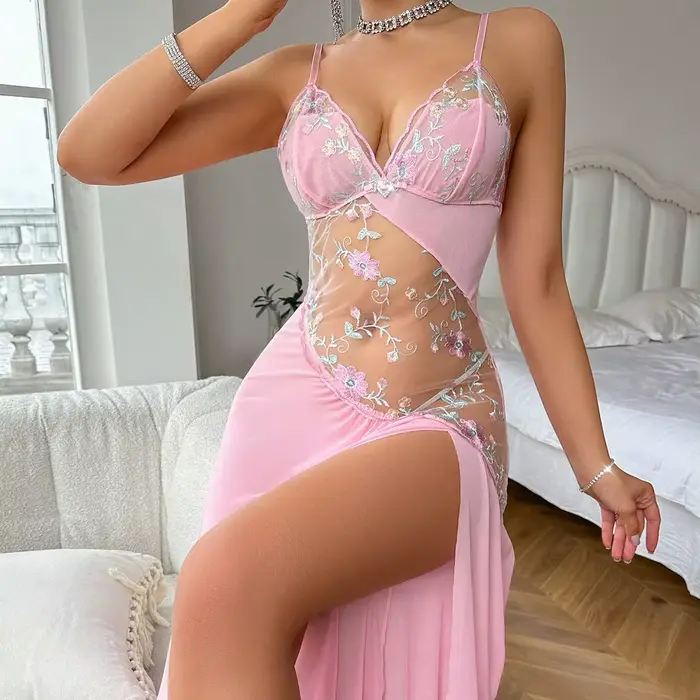 Dámska čipka nočná košeľa, ružová kvetinová tlač, otvorená chrbát, rozdelená, domáce oblečenie, sexy, V-Neck, perspektíva, letné, štíhle, priedušné, krátke, nočné prádlo