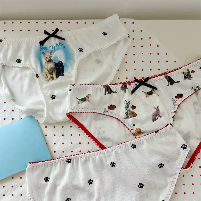 Šteniatka a mačiatka vytlačené Lolita nohavičky, Kawaii nohavice so vzorom mačacej labky, bavlnené nohavičky s lukom, psí vzor pre ženy