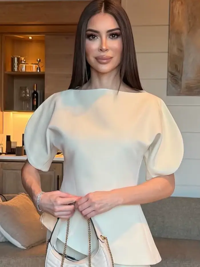 SLTNX Čierne voľné a elegantné tričká s krátkymi nafúknutými rukávmi pre ženy