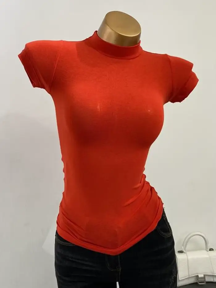 T-shirt col mi-haut coréen Transparent à manches courtes coupe ajustée élastique solide chemise à fo