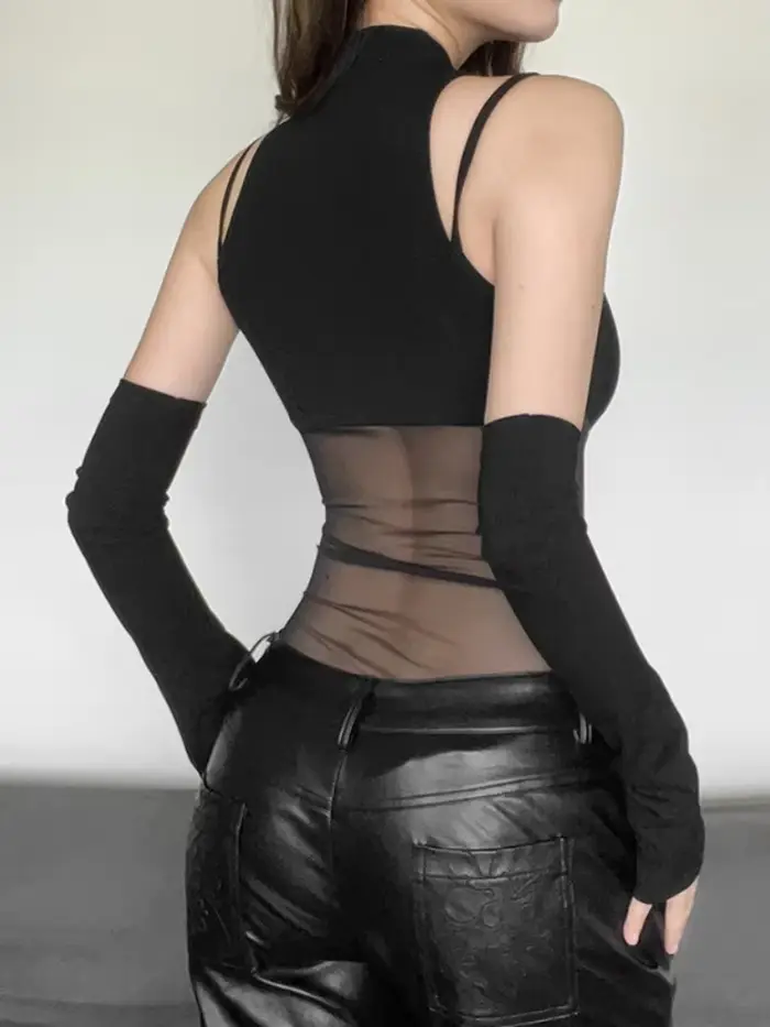 Čierne body Lingerie Sexy pre ženy priesvitný vrchný korzet sieťovaný patchwork jednodielny outfit