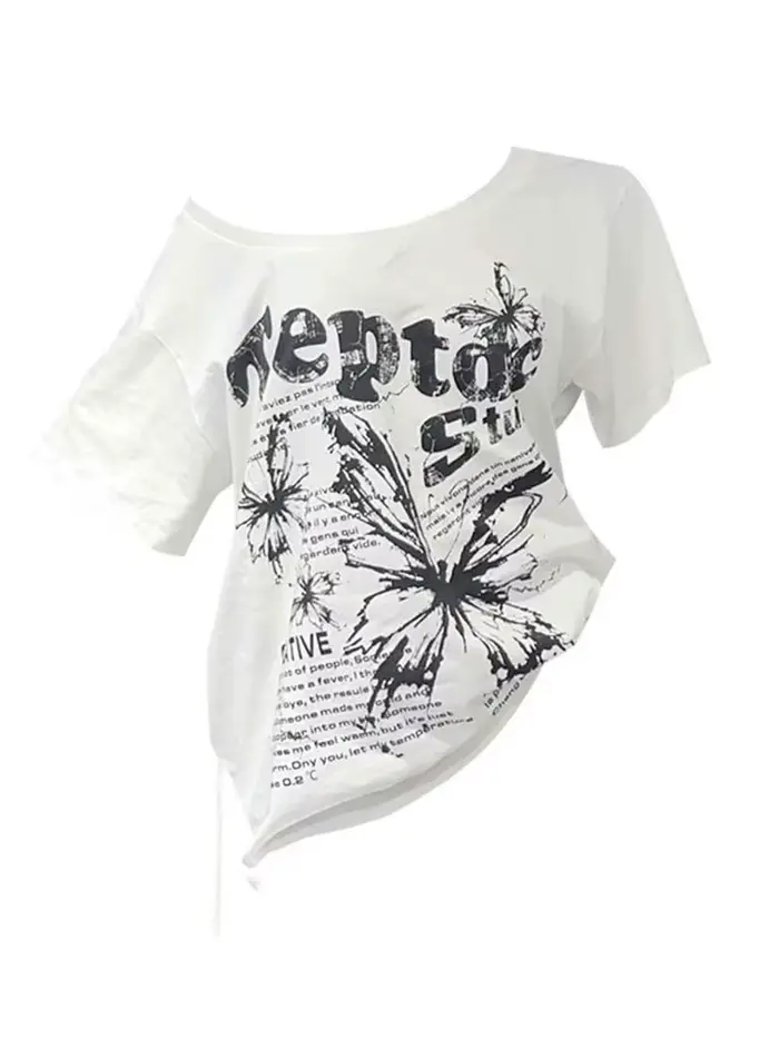 White 100% Cotton Y2k Vintage Oversize Off shoulder Short sleeve T shirt With Print Women Casual Sum