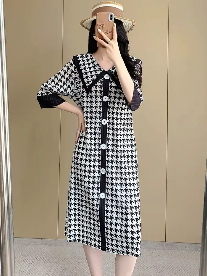 Miyake – robe pliée à carreaux rétro pour femmes, nouvelle robe Maix haut de gamme, âge réduit, col