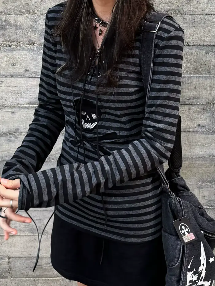 Tonngirls gotické retro tričko pre ženy so šnurovaním pruhovaná ležérna košeľa Y2k Vintage grafická potlač vrchné oblečenie Streetwear
