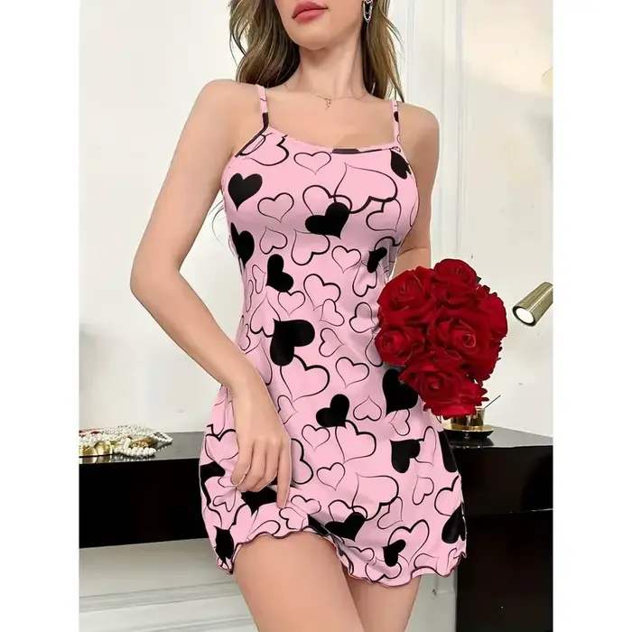 Sexy letná nočná košeľa pre ženu, srdcová potlač, mini šaty s popruhmi, nočná košeľa, nočná košeľa, ležérne oblečenie