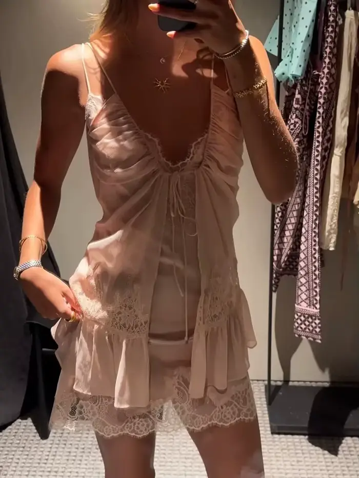 spodná bielizeň dámska čipka handrový set, sexy mini šaty s špagety popruhy a vrhať výstrih s čipkou šortky, letné nočné oblečenie s volánkami letné plážový štýl
