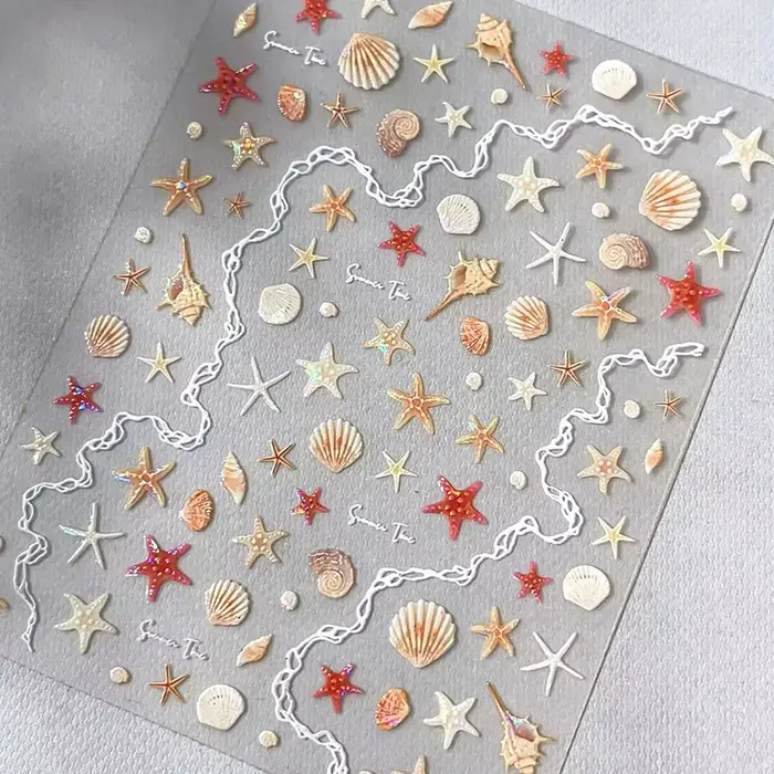 Autocollants pour ongles thème mer d'été, coquilles brillantes, étoile de mer, sirène, conque, plage