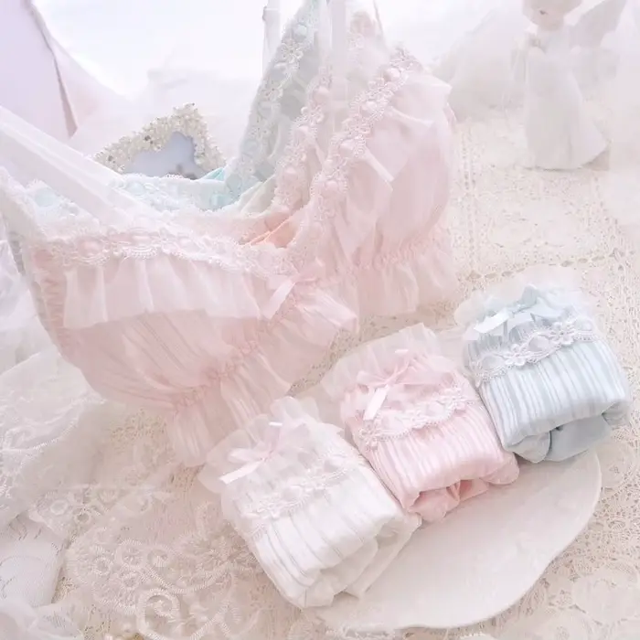 Kawaii pohodlná podprsenka a nohavičky set Lolita dievčenská mašľa bikinový set