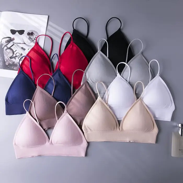 Soutien-gorge de sport push-up sans armatures pour femmes, bonnets triangulaires fins, décolleté en V, haut de fitness et yoga, crop top, coupe triangle nylon