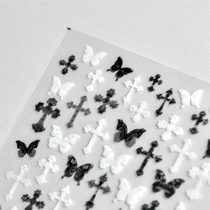 Femme Sexy noir blanc dentelle papillon croix 5D doux en relief Relief auto-adhésif Nail Art décorat