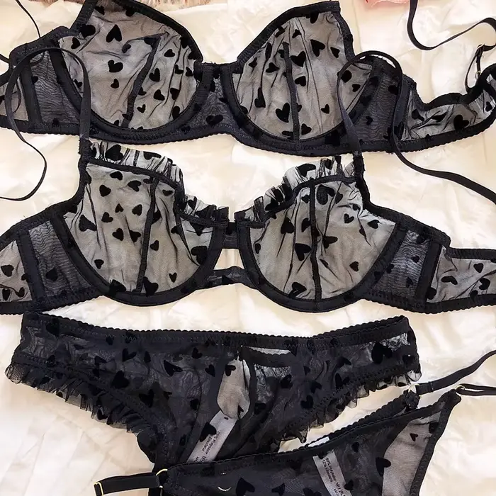 Ultra tenká sexy spodná bielizeň pre ženu, priedušná podprsenka, push-up podprsenka, sieťovina, romantická, broskyňa, srdce, intímna, leto, 2 kusy