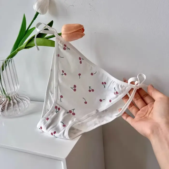 Culottes en coton à motif cerise Lolita pour femmes, sexy, blanches et roses, avec lacets, sous-vête
