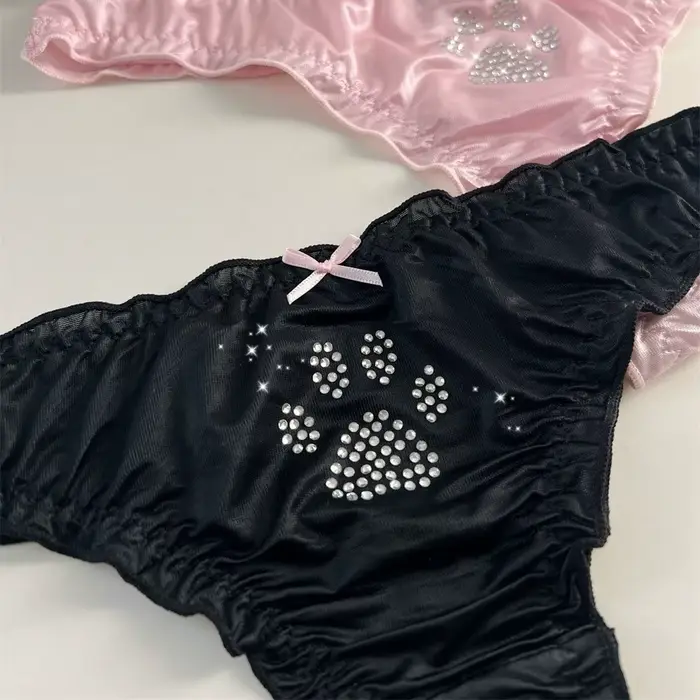 Culottes Lolita Patte de Chat Kawaii en Coton avec Strass, Strings Confortables Quotidiens, Slips Doux à Volants pour Fille