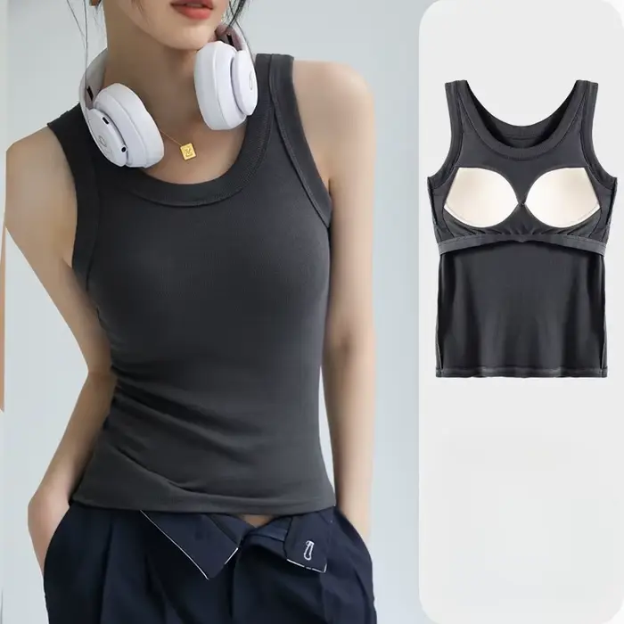 Débardeur côtelé pour femme avec soutien-gorge intégré, sans armatures, confortable pour le quotidien, tenue décontractée, sport léger, sans manches, basique, style cami