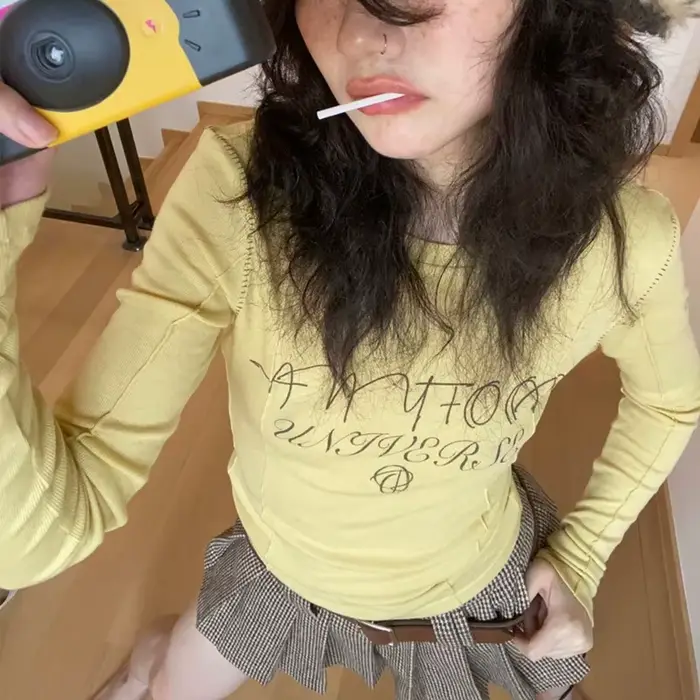 Karr233 Y2K Tričko so žltými rukávmi pre dievčatá Streetwear