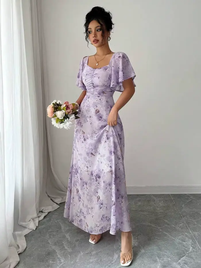 Mini robe de style français pour femmes, avec imprimé papillon violet, manches chauve-souris et ferm