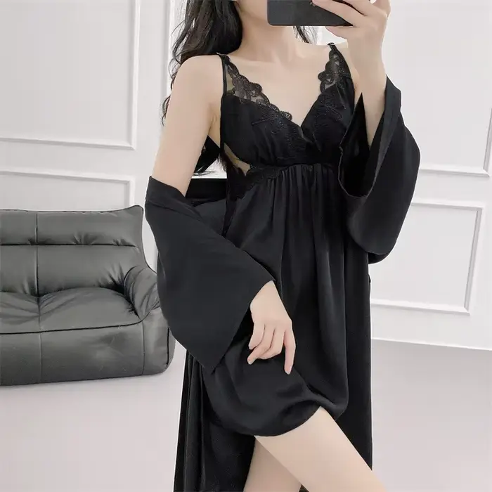 Chladená hodvábna nočná košeľa a šaty, nočné oblečenie, dvojdielna čipka Kimono Set, štýlový dlhý župan, sexy nočná košeľa, domáce oblečenie