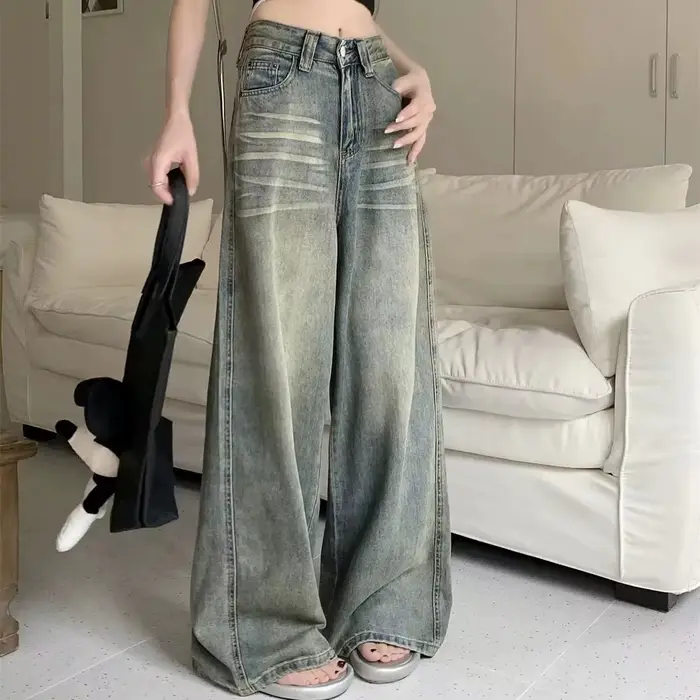 Y2K jean ample jambe droite femmes pantalon Baggy coupe large décontracté taille haute rétro lavé St