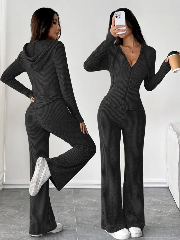 Ensemble haut à capuche et pantalon évasé ample pour femmes, couleur unie, à la mode, décontracté, à