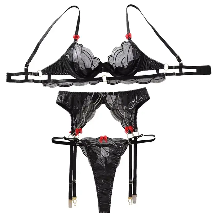 Ensemble de lingerie sexy pour femme, soutien-gorge noir à armatures, broderie géométrique, porte-ja