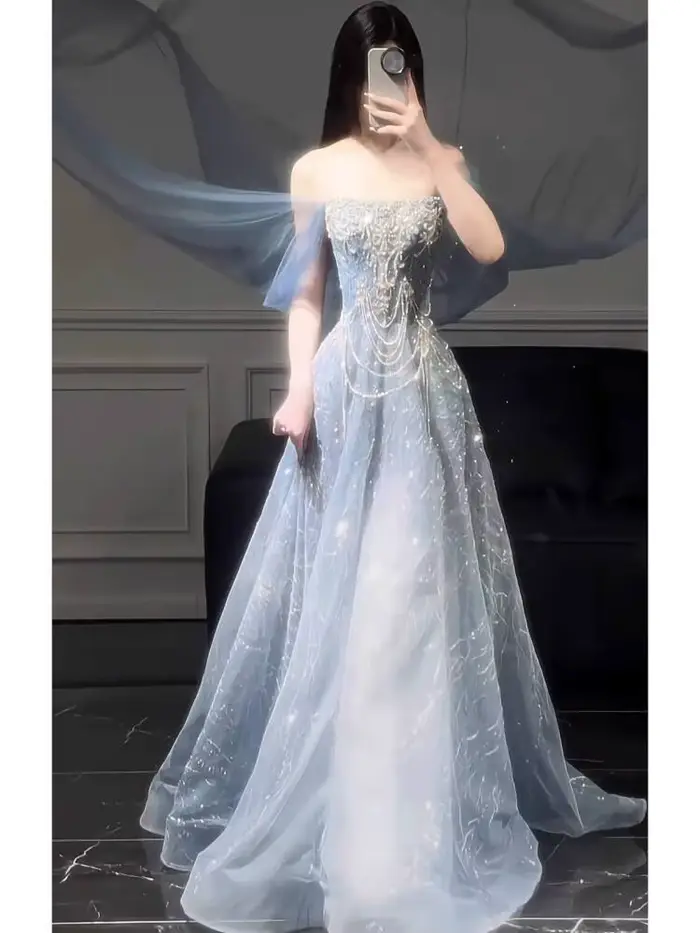 Robe de soirée bleue pour femmes, haut de gamme, sens du Style, robe de passage d'âge haut de gamme, légère, luxe, réunion annuelle, examen d'art, nouvelle collection 2025
