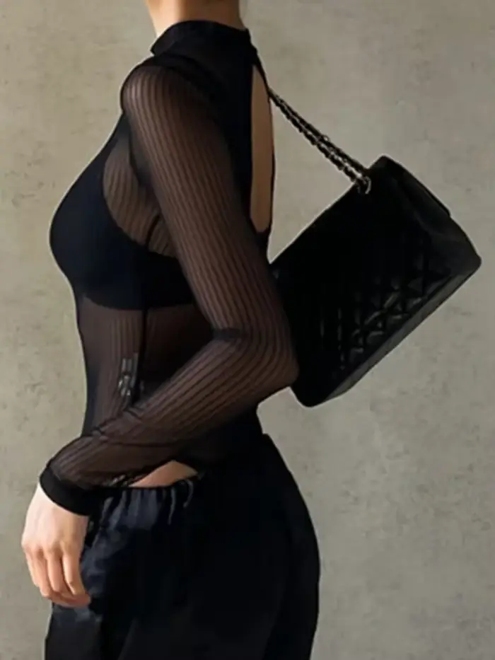 Body transparent à manches longues pour femmes élégant col roulé dos nu sexy lingerie mince ajustement polyester élasthanne pour soirées et sorties