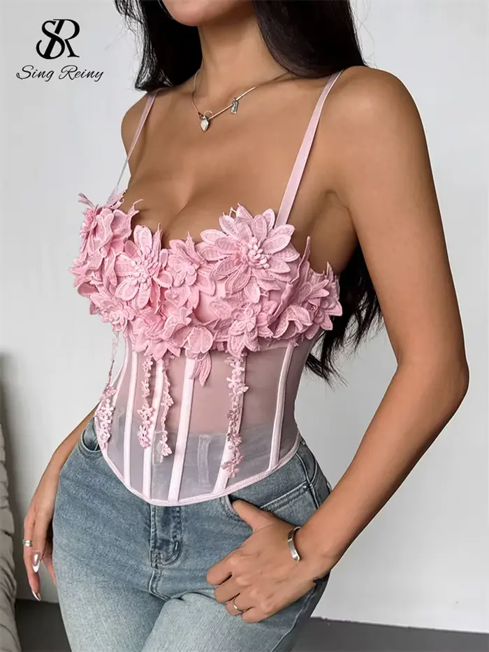 SINGREINY čistá gáza 3D kvety Korzet ženy ružová Sexy popruhy tenké high fashion Streetwear dámy krátke francúzske Chic Sweet Camis