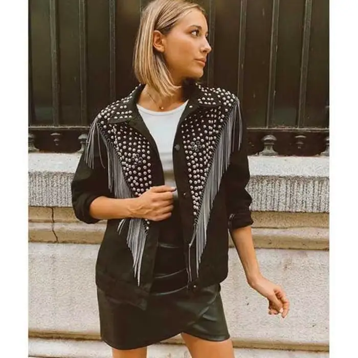 TEELYNN Boho čierna Denim bunda pre ženy kabát s dlhým rukávom jeseň voľný strapce Jean bundy 2025 perly nity