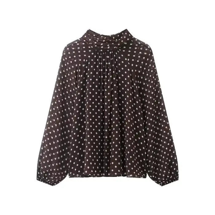 Chemisier élégant à pois pour femme, chemise en mousseline à col superposé et manches lanternes avec