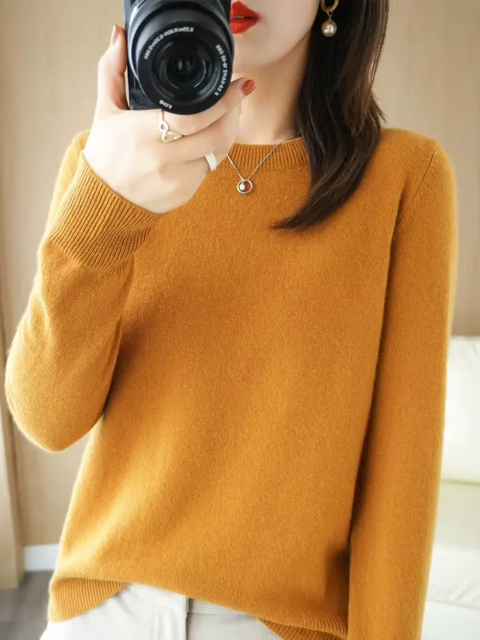 Pull en laine à manches longues et col rond pour femmes, pull basique, tricots en laine mérinos, sty