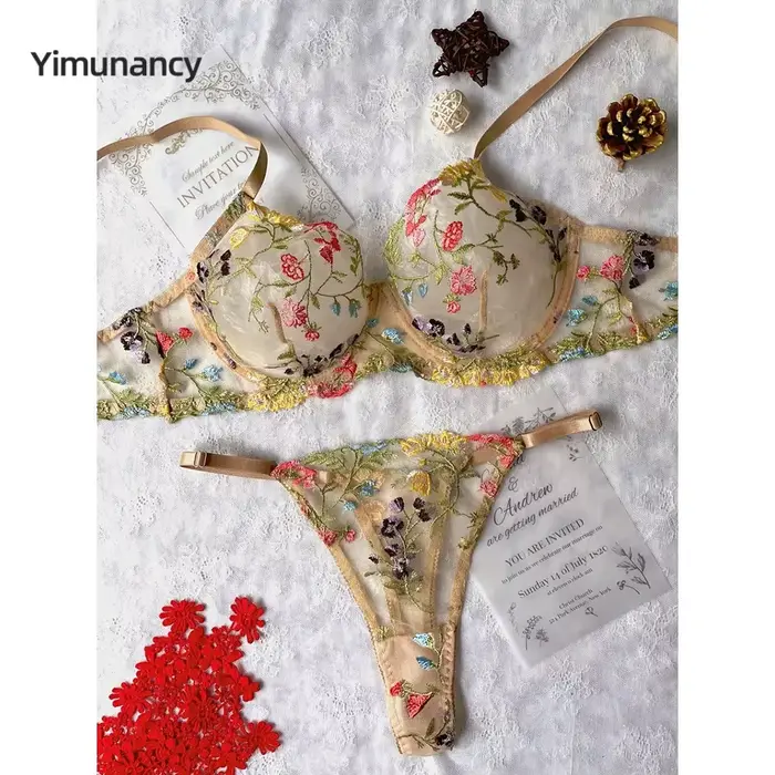 Yimunancy dámska vyšívaná kvetinová boho spodná bielizeň 2-dielna sada podprsenka + nohavičky
