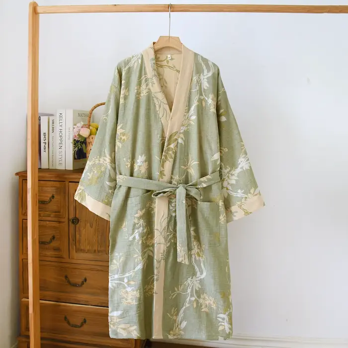 100% coton Kimono robes de nuit 3/4 manches printemps automne peignoir pour les femmes décontracté v