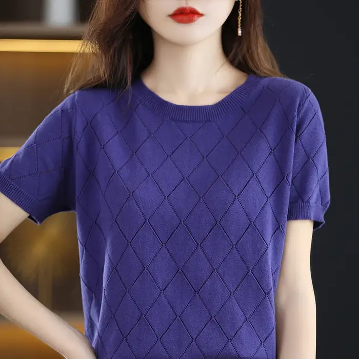 T-shirt à manches courtes et col rond pour femme, pull fin, 100% coton, pull creux en diamant, t-shi