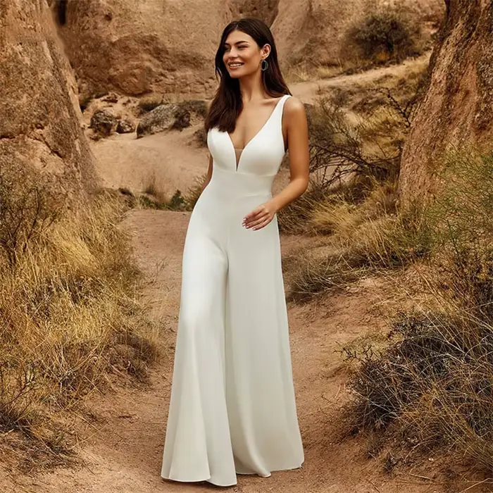 Combinaison de Mariage 2 en 1 avec Poignées Jupe Amovible Robe de Mariée Taille Naturelle Occasions Spéciales Dentelle Satin Tissé Élastique Col en V Train Personnalisé