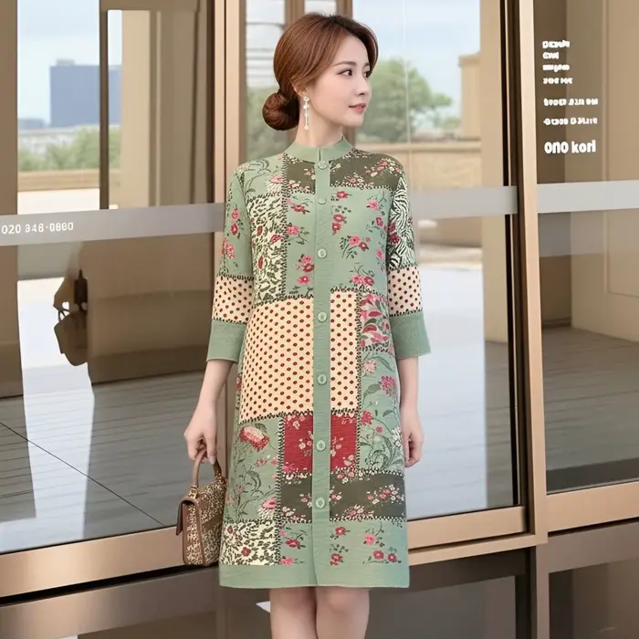 Robe Cardigan Plissée Miyake Femme Tendance Imprimée Col Montant Manches 3/4 Boutonnage Simple Éléga