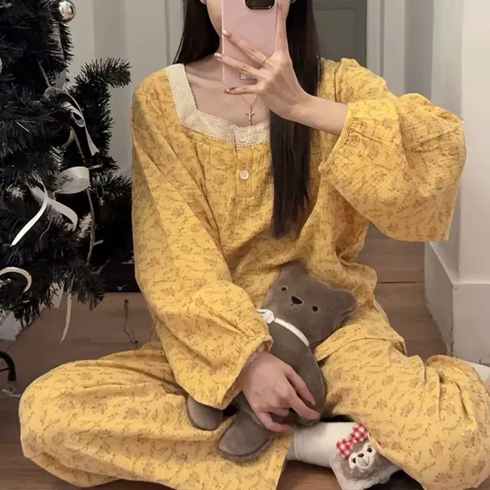 Dámske pyžamo, nový štýl, jar a jeseň, dvojdielna sada s dlhými rukávmi, francúzsky štýl, pre domácnosť, skutočné fotografie