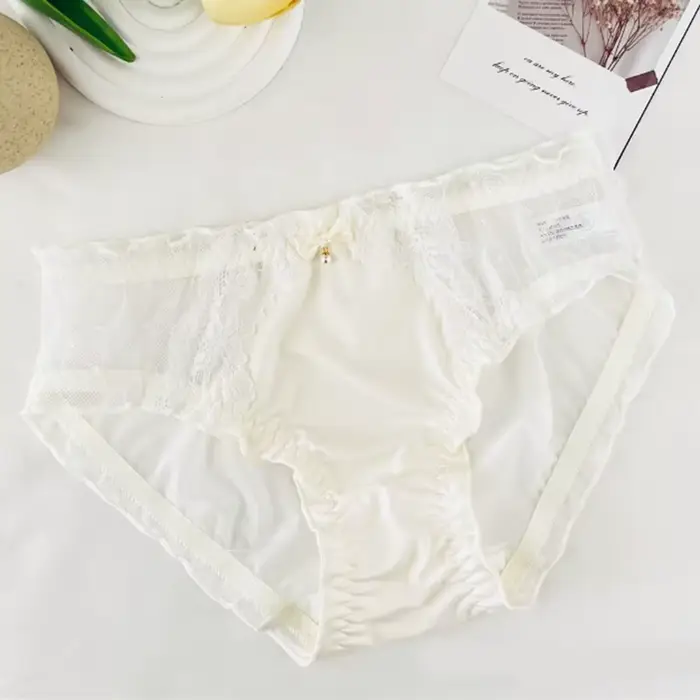 Culottes en dentelle taille basse pour femmes, en maille transparente avec nœud et perles, lingerie 