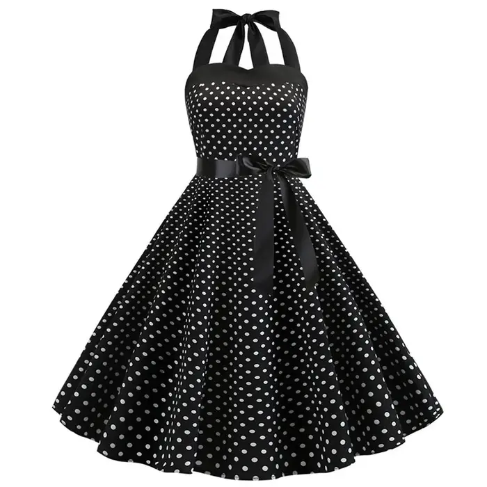Robe Sexy rétro blanche à pois, Hepburn, Vintage, col licou, Robe de soirée, années 50 et 60, Pin Up