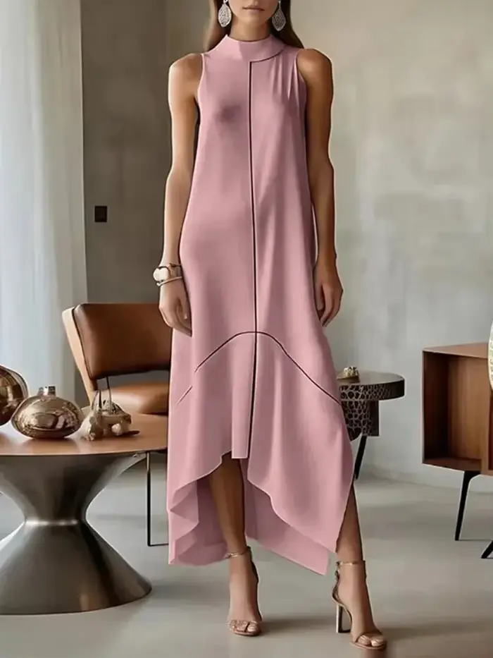 Elegantné šaty z polyesteru a elastanu pre ženy, asymetrické, rolák, bez rukávov, ideálne pre večierky a formálne akcie