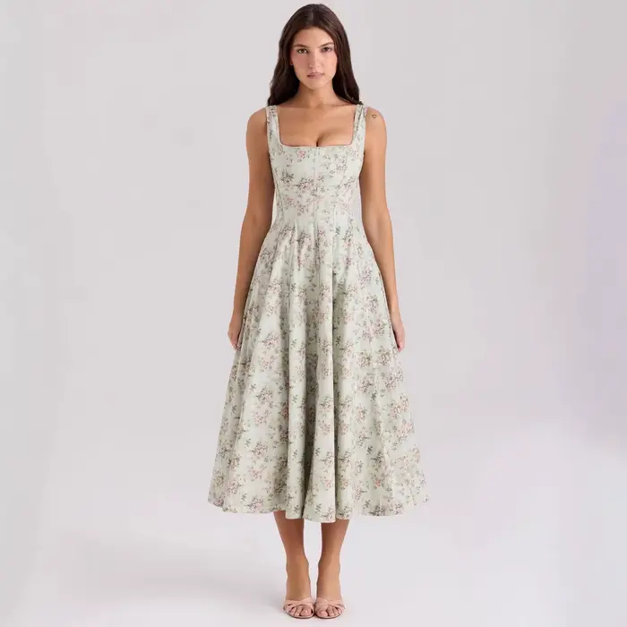Suninheart été élégant robe à lacets 2025 nouveautés imprimé fleuri robe mi-longue femmes robe Sexy 