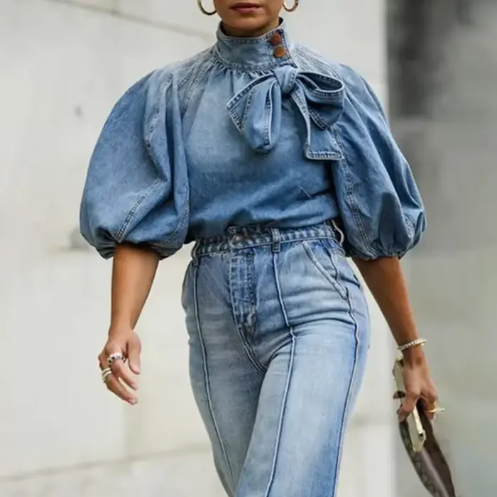 Économie à col roulé à lacets pour femmes, demi-manches bouffantes, t-shirts en denim décontractés, 