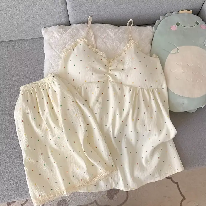 Dámsky pyžamový set, farebná polka dot kamizola s hrudnými vankúšikmi, dvojdielne oblečenie na spanie, čipka V-neck, bez rukávov, mäkké a pohodlné pyžamo