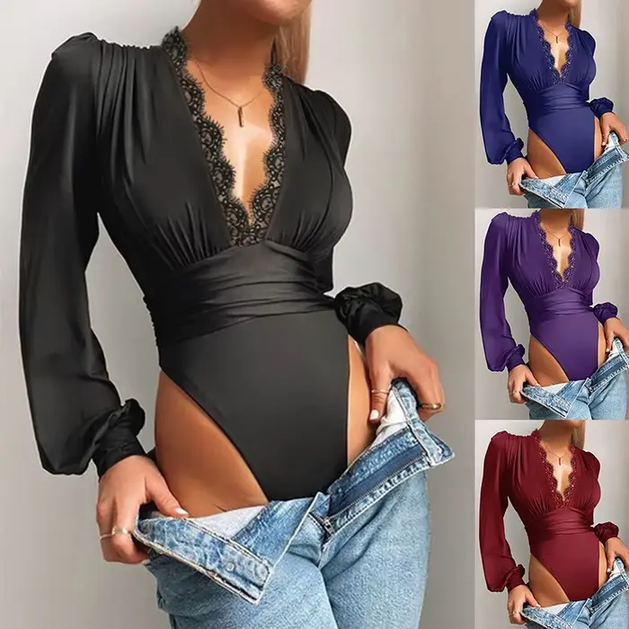 Sexy čipkovaný body s dlhými rukávmi pre ženy