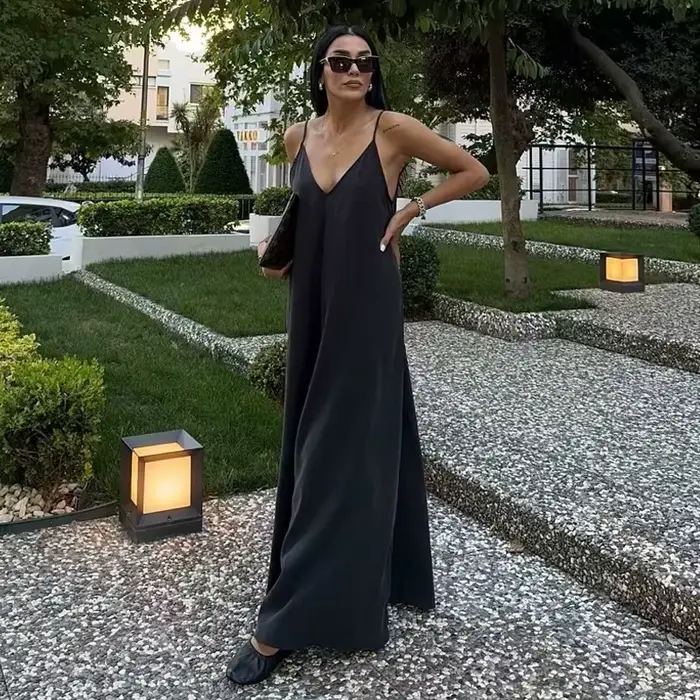MUJER čierne dlhé šaty pre ženy červené drapované letné