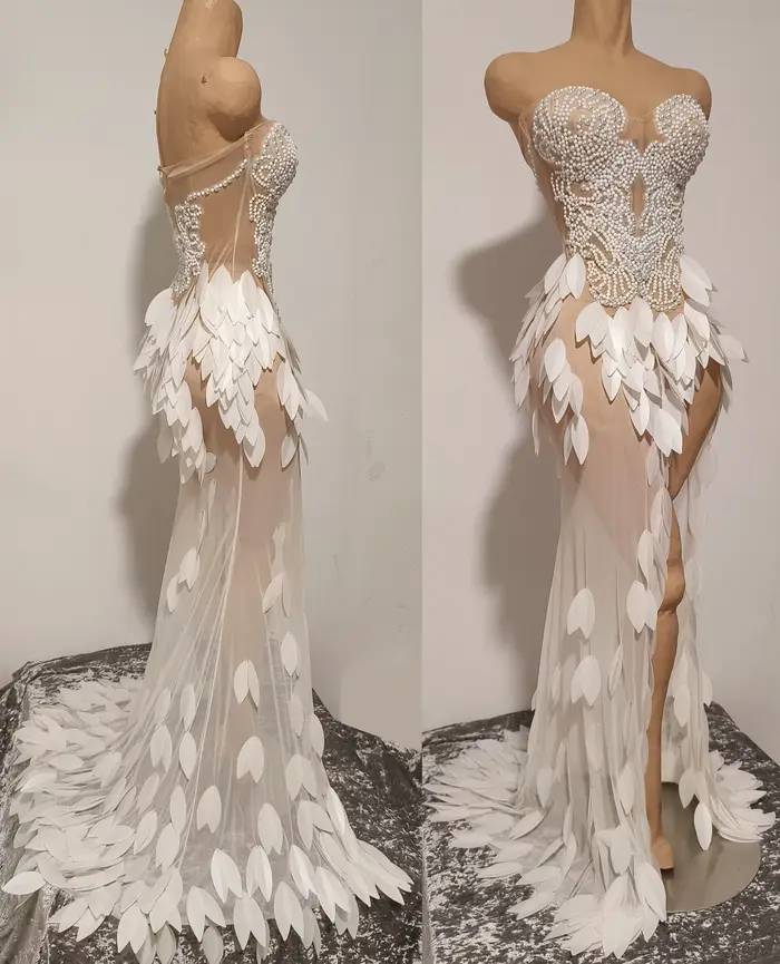 Elegantné priesvitné šaty z tylu bez ramienok s trblietavými perlami pre ženy