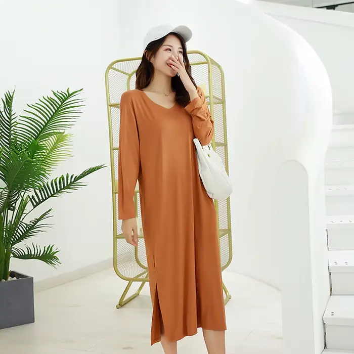 Chemise de nuit en modal pour femmes, chemise de nuit élégante et confortable, vêtements de nuit en tricot, pour les nuits d'automne, occasions spéciales et cadeaux pour femmes