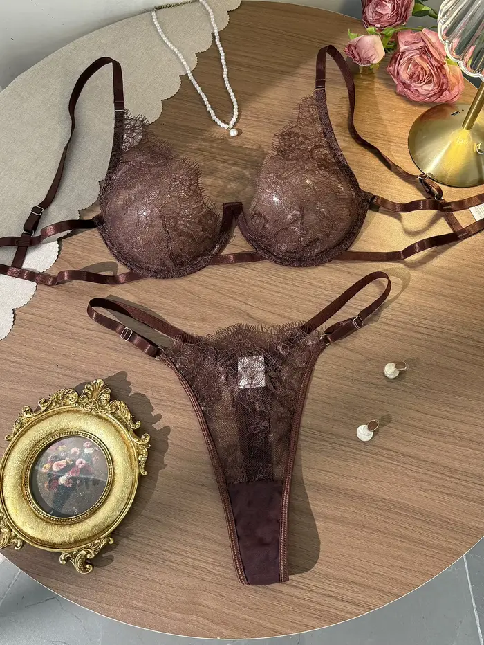 Vintage francúzska čipkovaná spodná bielizeň v tmavohnedej farbe pre ženy