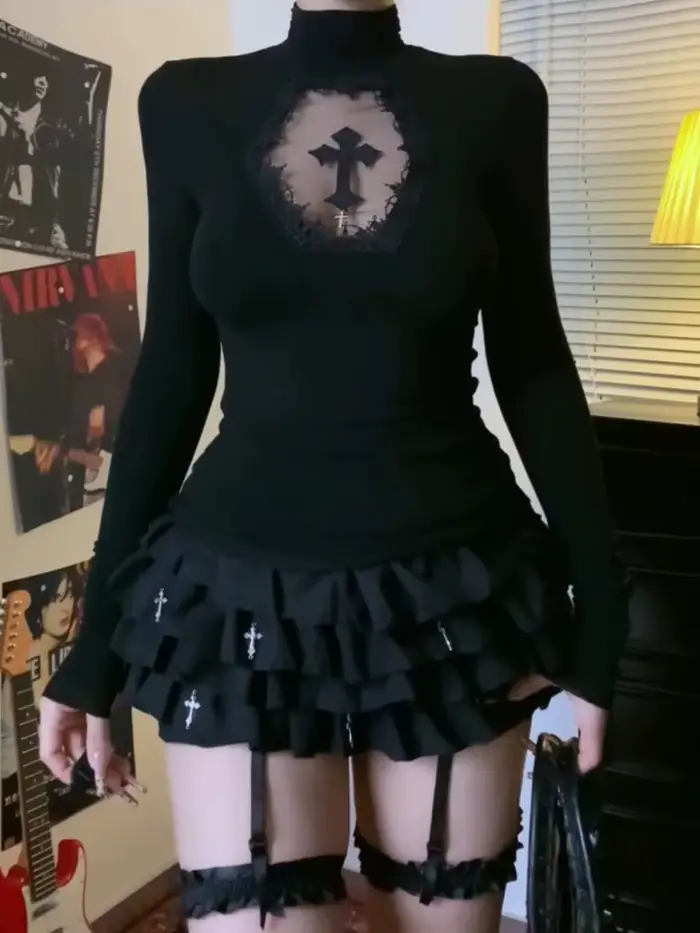 Sexy tmavo gotické tričko pre ženy dizajn y2k letné dlhé rukávy špeciálne príležitosti