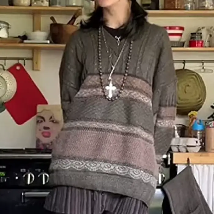 Dourbesty-Pull rayé à manches longues et col rond pour femmes, Pull de style preppy, Tricots grunge 